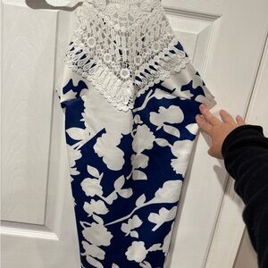 White and Blue Floral Dress with Crochet Detail